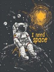 A lonely astronaut sitting on the moon and the phrase "I need space"