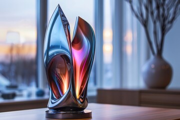 Close-up of a colorful, holographic American football trophy, symbolizing sports achievement and competition. Generative AI