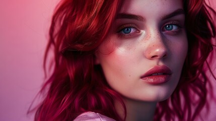 Pensive Caucasian Female with Red Hair on Light Purple Background

