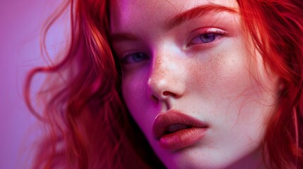 Pensive Caucasian Female with Red Hair on Light Purple Background

