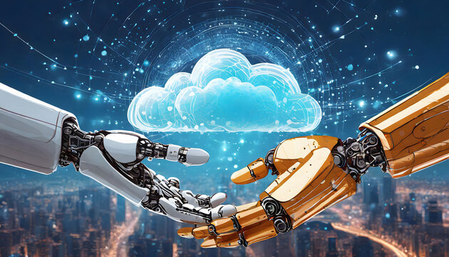 AI robot's hand (cyborg) holding cloud with technology banner concept