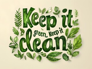 The green phrase "Keep it green, keep it clean" surrounded by leaves on a beige background