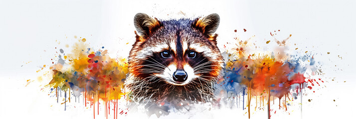 Watercolor illustration of a vibrant, colorful raccoon portrait, watercolor, white background 