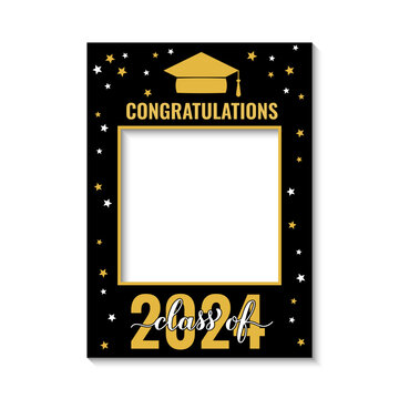 Class of 2024 photo booth frame isolated on white. Graduation party photobooth props. Grad celebration selfie frame.  Vector template.