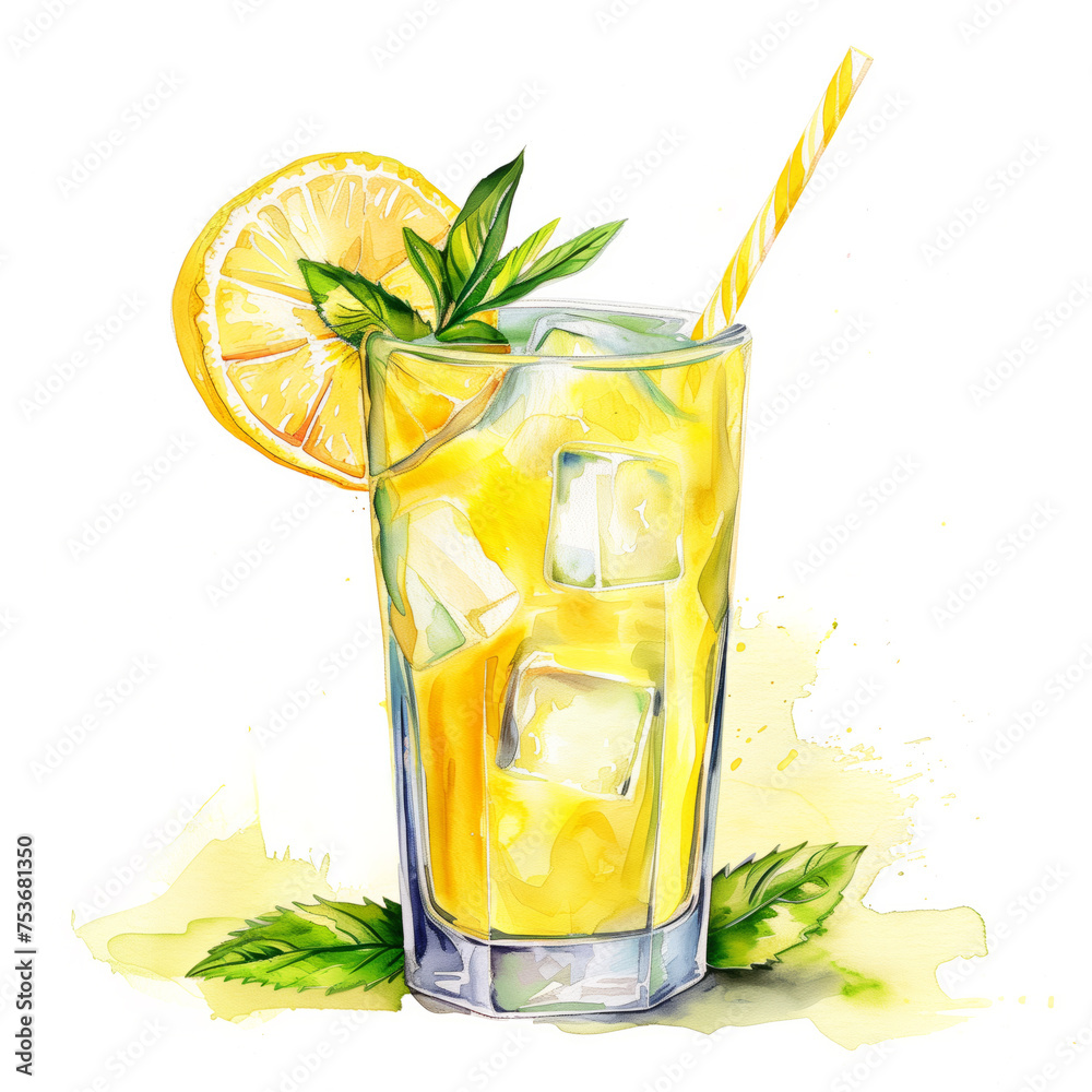 Sticker watercolor illustration of refreshing lemonade cocktail drink, watercolor, white background