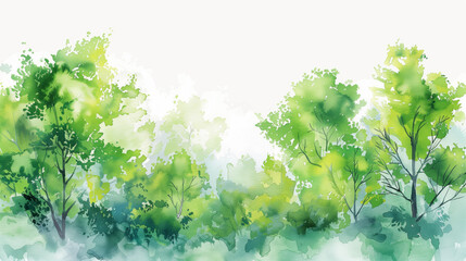 Watercolor landscape painting featuring lush green trees, watercolor, background with place for text