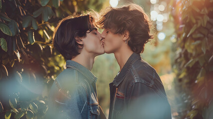 LGBTQ young man couple kissing, romantic scene, romantic gays, young gays is hugging