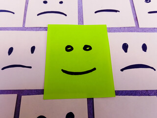 sticky notes with All sad and one Happy face - Unhappy and Happy Team Concept