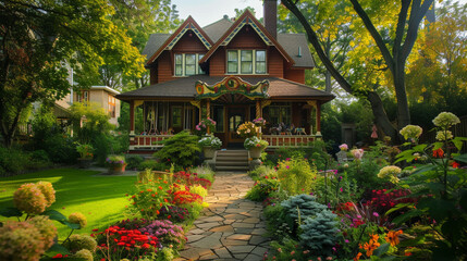 Fototapeta na wymiar A craftsman style house painted in a warm cinnamon, with a backyard that hosts a vintage carousel and a cobblestone sidewalk lined with seasonal flowers. The photo radiates the joy of a sunny weekend.