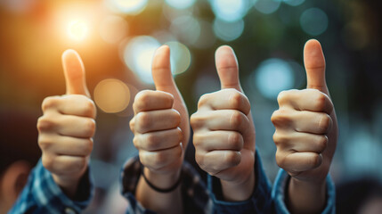 a business team raises thumbs up in gratitude, symbolizing motivation and teamwork. Together, they...