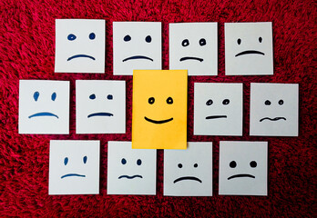 sticky notes with All sad and one Happy face - Unhappy and Happy Team Concept