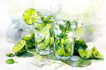 Watercolor painting of fresh summer Mojito cocktail, watercolor, white background 