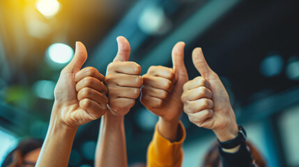 a business team raises thumbs up in gratitude, symbolizing motivation and teamwork. Together, they acknowledge and thank each other for their dedication