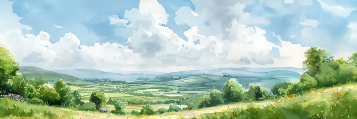 Schilderijen op glas Watercolor painting of scenic, tranquil Irish countryside landscape, watercolor, white background  © fotogurmespb