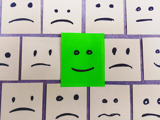 sticky notes with All sad and one Happy face - Unhappy and Happy Team Concept