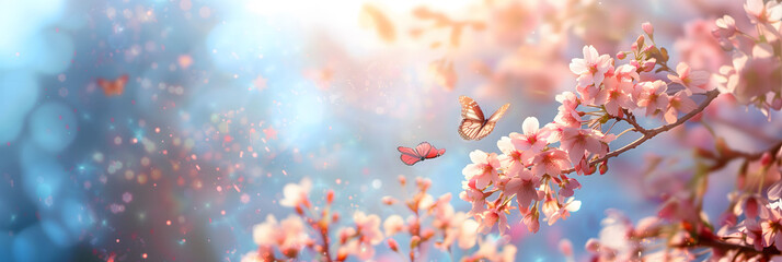 Beauty of cherry blossoms in peak bloom in the soft light including delicate butterfly with a pastel blue sky background.
