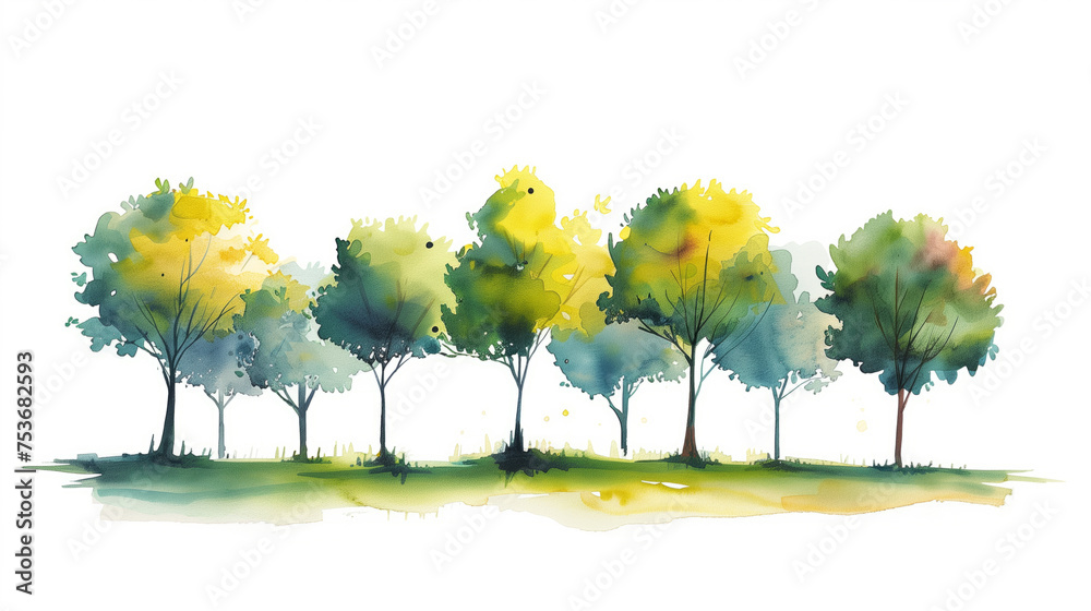 Sticker Watercolor park scene featuring group of trees, isolated on white background, watercolor, white background 