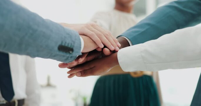 Teamwork, hands and business people in office closeup with support, motivation and agreement. Solidarity, partnership and finger stack by corporate group together for team building, trust or goals