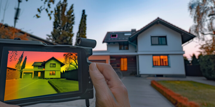 Hand holding a thermographic inspection device for examining heat loss in a single-family house. Thermovision image of residential house. Infrared thermovision image. 