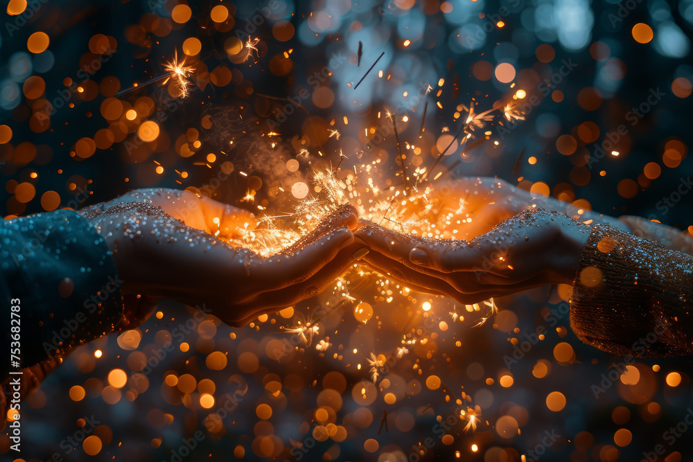 Canvas Prints a powerful high-five with sparks igniting from the impact, representing the energy and enthusiasm in