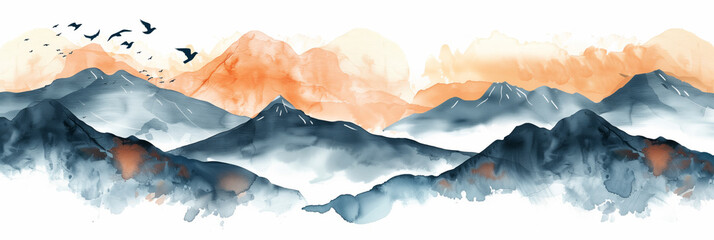 Watercolor raster illustration of hills with birds, travel theme, watercolor, white background 