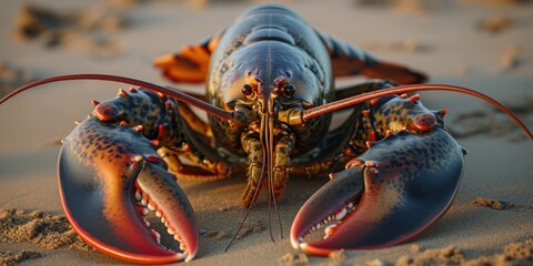Close-up live big lobster underwater on a on a sandy beach, poster - obrazy, fototapety, plakaty