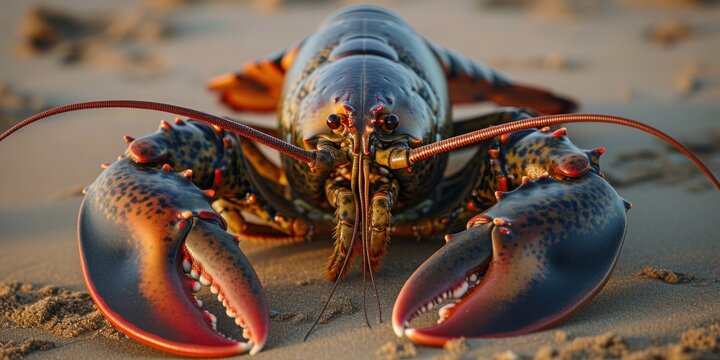 Close-up live big lobster underwater on a on a sandy beach, poster