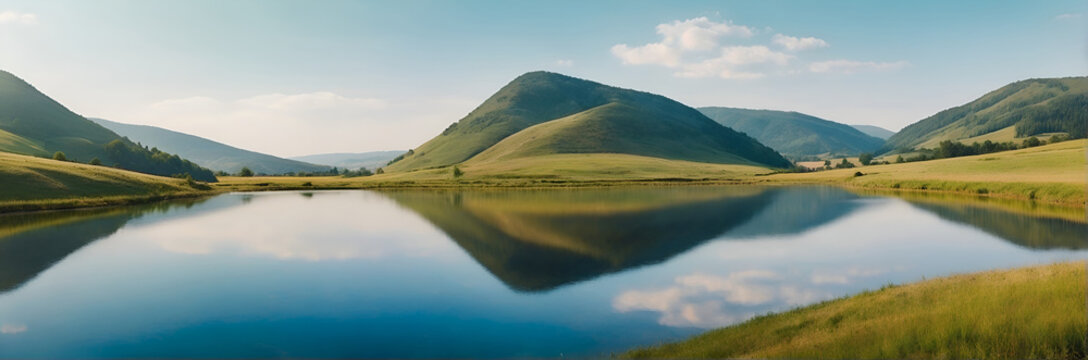 A serene landscape features a lake in the foreground, with a grassy field and mountains in the background. ai generative
