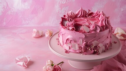 Pink Cake on White Cake Plate. Generative AI
