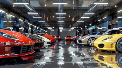 Sports car showroom. Generate AI image - obrazy, fototapety, plakaty
