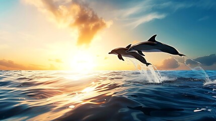 Two Dolphins Jumping Out of Water at Sunset. Generative AI. - obrazy, fototapety, plakaty