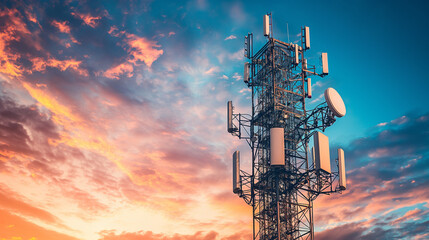 4G and 5G cellular telecommunication tower. Telecommunication equipment for a 5G radio network with radio modules and smart antennas installed.  - obrazy, fototapety, plakaty