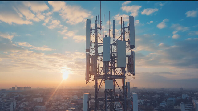 4G and 5G cellular telecommunication tower. Telecommunication equipment for a 5G radio network with radio modules and smart antennas installed. 
