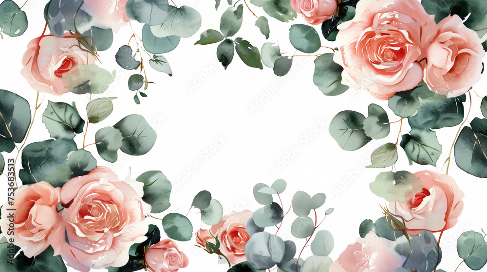 Poster Watercolor wedding design featuring pink roses, eucalyptus branches, watercolor, white background 