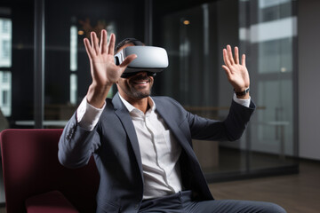 A businessman in an online meeting presentation wearing a virtual reality headset