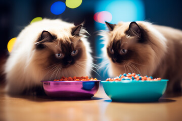Two similar cats of Birman breed eating dry food out of bowls. 2 pets enjoying kibble together as best friends