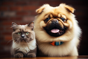 A close-up front portrait of a cat and a dog hanging out together. Two adorable furry companions chilling at home.  AI-generated