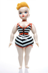 An old, vintage doll wearing a striped swimsuit, isolated on white. A chubby white woman toy with short blonde hair, in a romper. AI-generated