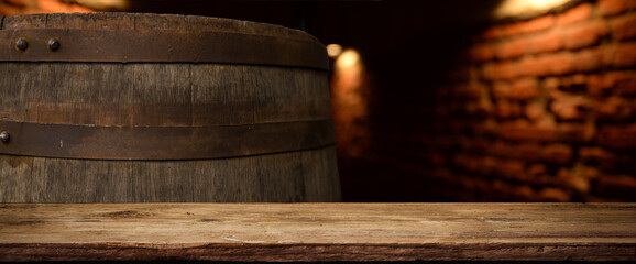 table background of free space for your wine bottle or food on top and dark retro interior of barrels . High quality photo - 753683787