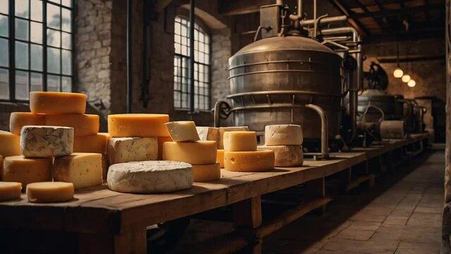 lot of different cheeses in an old cheese factory
