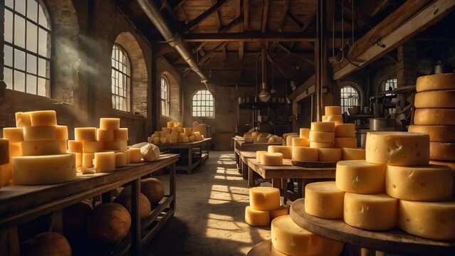 lot of different cheeses in an old cheese factory