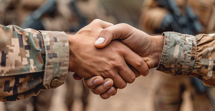 Military shake hands, peace negotiations, end of war - AI generated image
