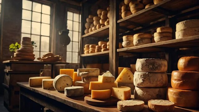 lot of different cheeses in an old cheese factory