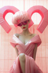 Fashion model wearing a plastic-like pink dress, a hat and sunglasses. Art performance featuring a young European woman in a futuristic outfit. AI-generated
