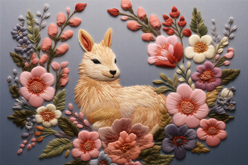 Embroidery of a wild rabbit sitting in a meadow surrounded by flowers at night. Brown mara in natural habitat embroidered on fabric. AI-generated