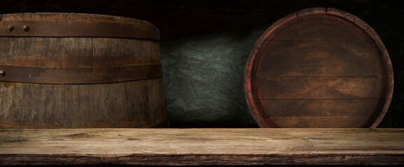 table background of free space for your wine bottle or food on top and dark retro interior of barrels . High quality photo - 753683948