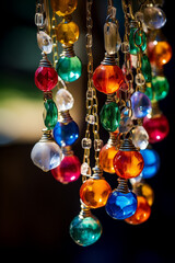 A bunch of vibrant strands of colorful glass beads as interior decor. Festive boho decor adding vintage charm or hippie flair to the space. AI-generated