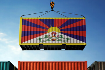 Tibet trade cargo container hanging against clouds background