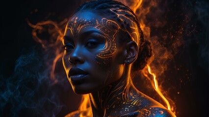 Glowing Tradition: Dark-Toned Portrait of a Black Woman with Traditional Tattoos