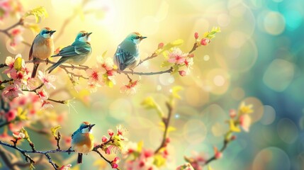 Flock of birds are singing happily on the branches of a tree with spring flower blossoms and sun light  - obrazy, fototapety, plakaty